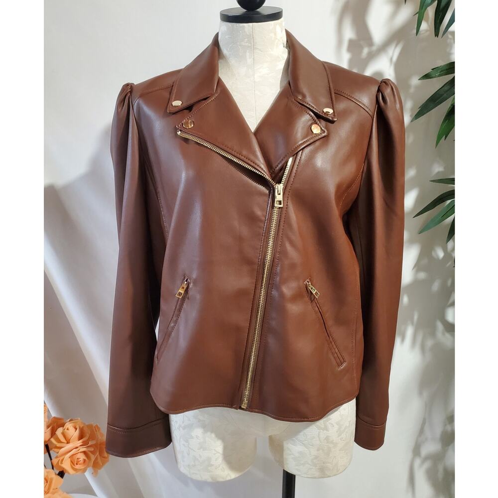 Chicos Asymmetrical Zip Puff Sleeve Faux Leather Moto Jacket Sz 2.5 US 14 Brown